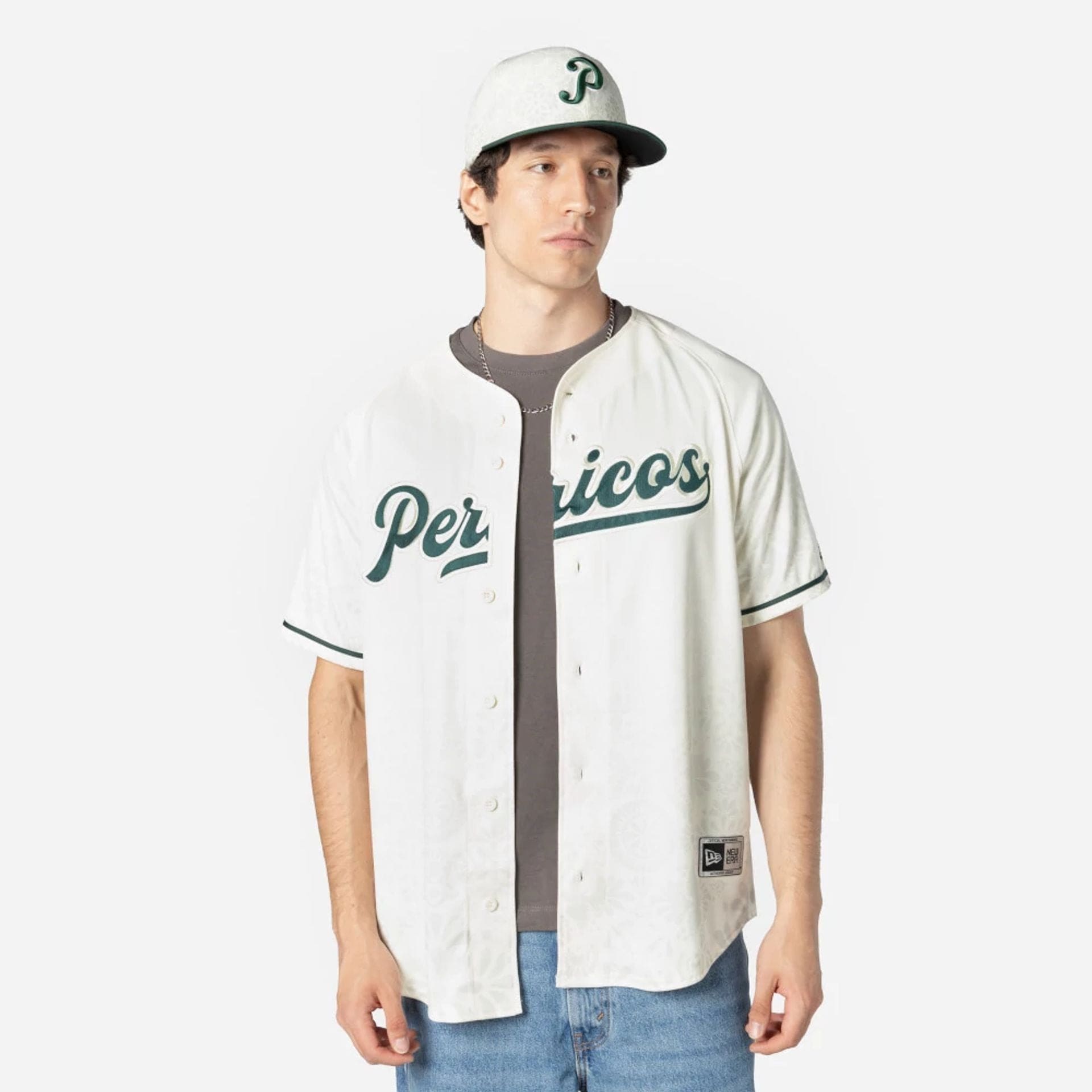 The Male model is wearing Puebla Pericos Mexico LMB On Field White On-Field Jersey 1