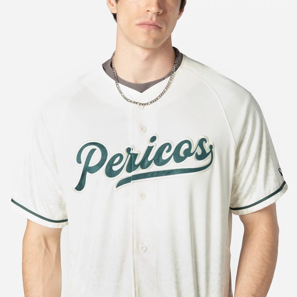 The Male model is wearing Puebla Pericos Mexico LMB On Field White On-Field Jersey 3