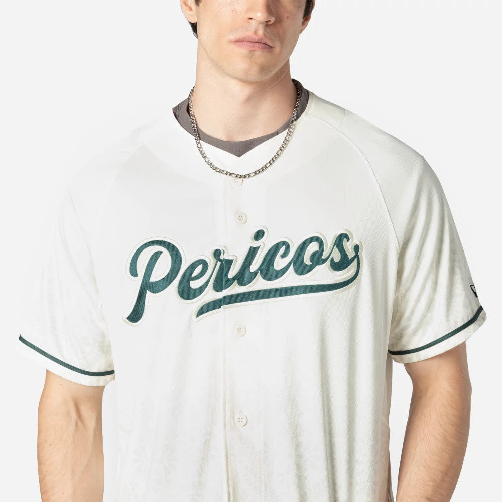 Puebla Pericos Mexico LMB On Field White On-Field Jersey, front view on a model showing the green Pericos script logo embroidered across the chest, with dark green sleeve piping and a New Era flag logo on the left sleeve.