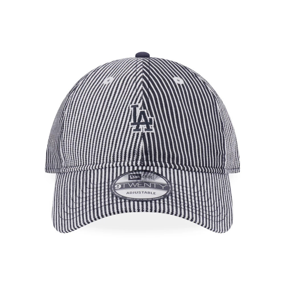 LA Dodgers MLB Patchwork Grey New Era 9TWENTY Adjustable Cap, front view showing the raised LA logo in white embroidery on the centre of the pinstripe crown, with a 9TWENTY size sticker on the curved visor.