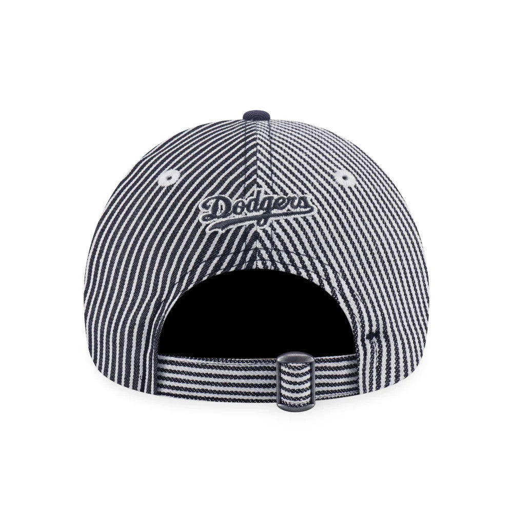 LA Dodgers MLB Patchwork Grey New Era 9TWENTY Adjustable Cap, rear view showing the embroidered Dodgers script logo centred above the adjustable fabric strap, with a distinctive striped pattern on the crown and grey top button.