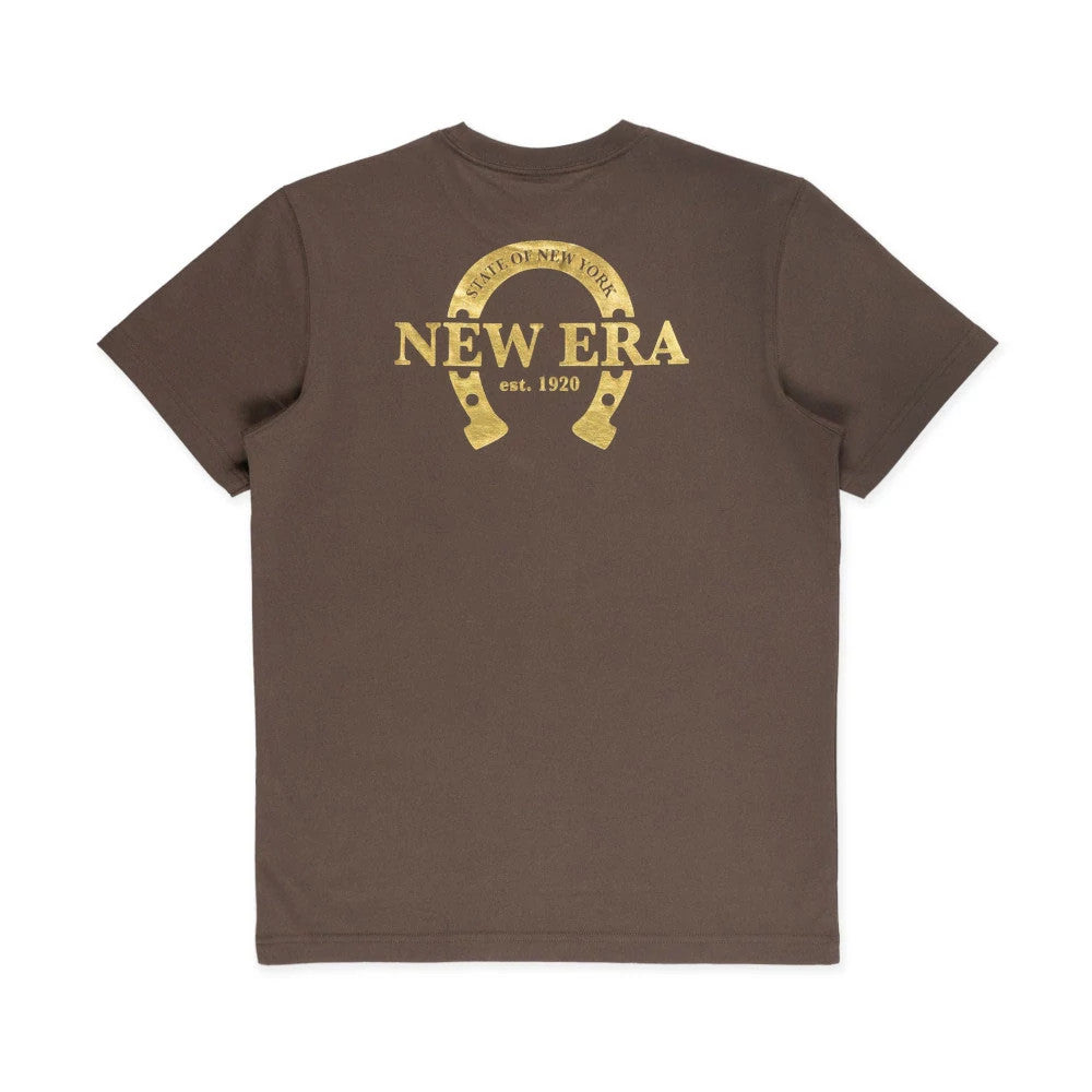 New Era Year Of The Horse Brown T-Shirt, rear view showing a gold printed horseshoe design with "State of New York" text above a large "New Era est. 1920" logo in the centre on the brown fabric.