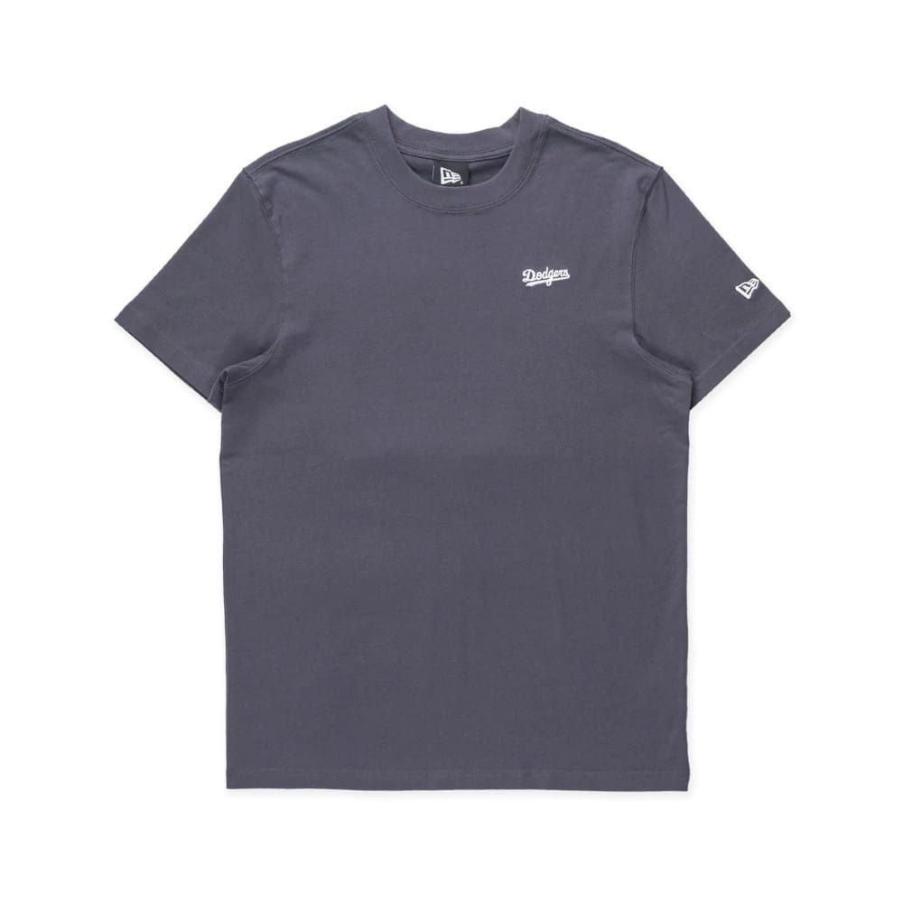 LA Dodgers MLB Patchwork Grey T-Shirt, front view showing a plain grey design with a small white embroidered Dodgers logo on the chest and a white embroidered New Era logo on the left sleeve.