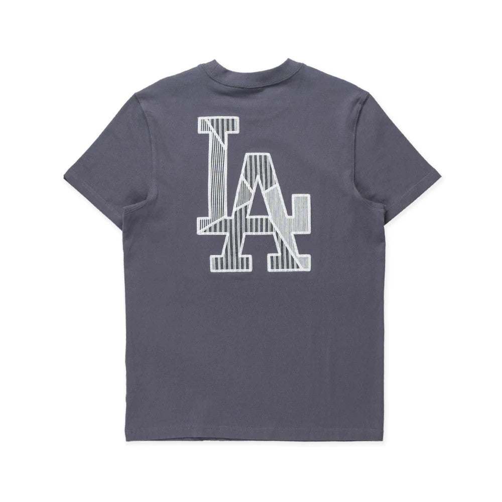 New Era LA Dodgers MLB Patchwork Grey T-Shirt, rear view showing the oversized embroidered white LA logo with line detailing centred on the back against the grey fabric.