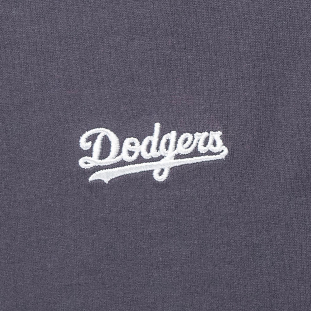 New Era LA Dodgers MLB Patchwork Grey T-Shirt, front view showing the grey fabric with an embroidered white Dodgers script logo centred on the chest area.