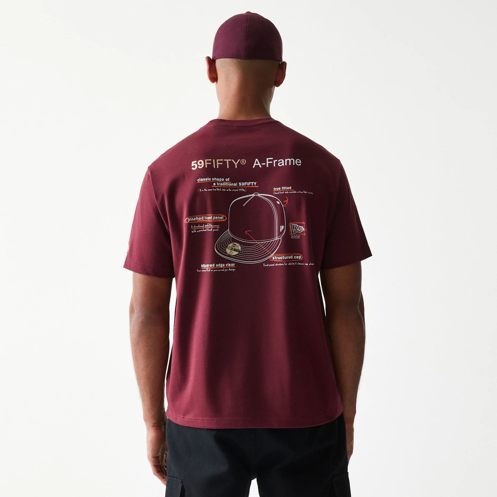 The Male model is wearing A-Frame 59FIFTY Fitted Cap Description Dark Red T-Shirt 2