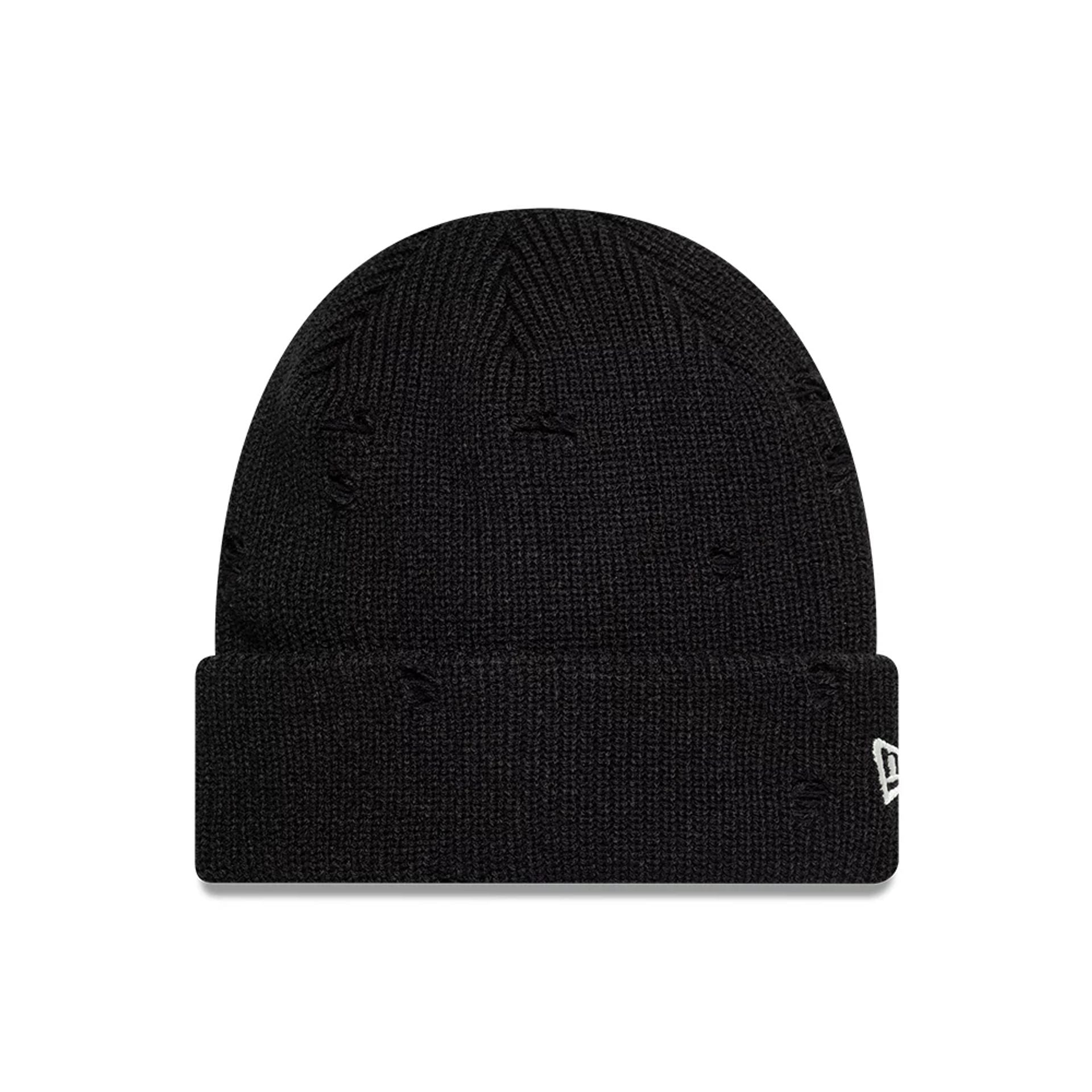 This is a New Era Distressed Black Cuff Knit Beanie Hat 1