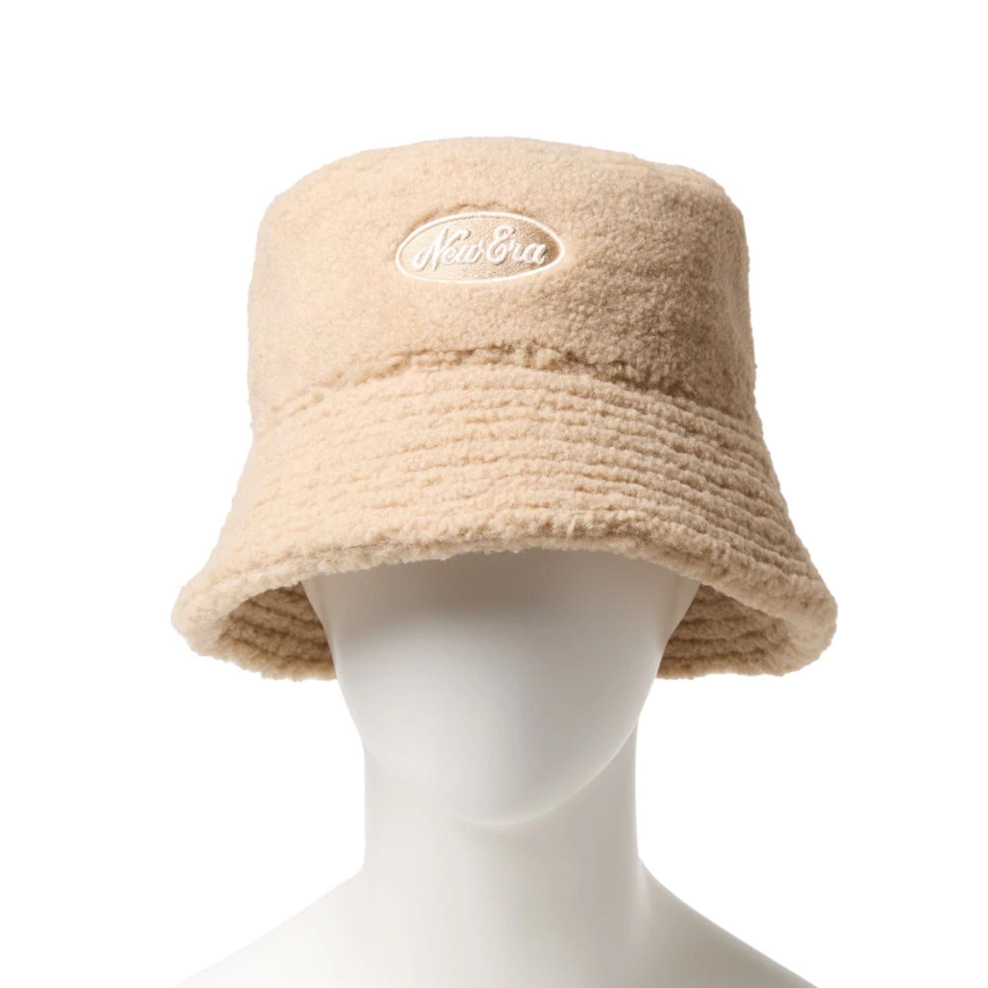 This is a New Era Oval Logo Boa Beige Bucket Hat 2