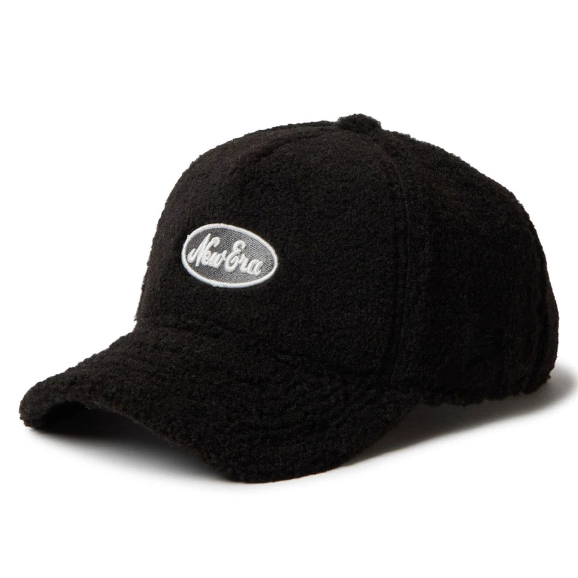 This is a Womens New Era Oval Logo Boa Black 9FORTY A-Frame Adjustable Cap 1
