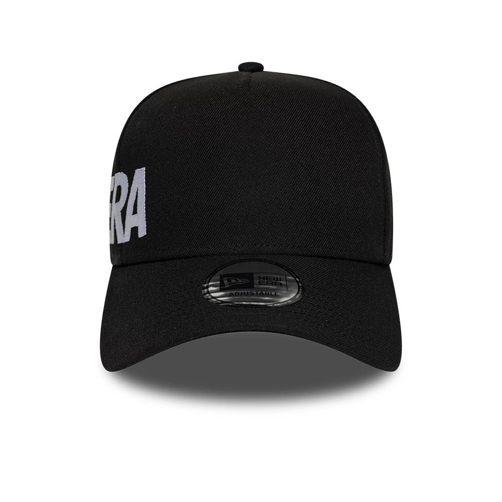 New Era Essential Black 9FORTY A-Frame Adjustable Cap, front view showing the large raised white New Era lettering across the front panel with a black 9FORTY size sticker on the curved black visor.