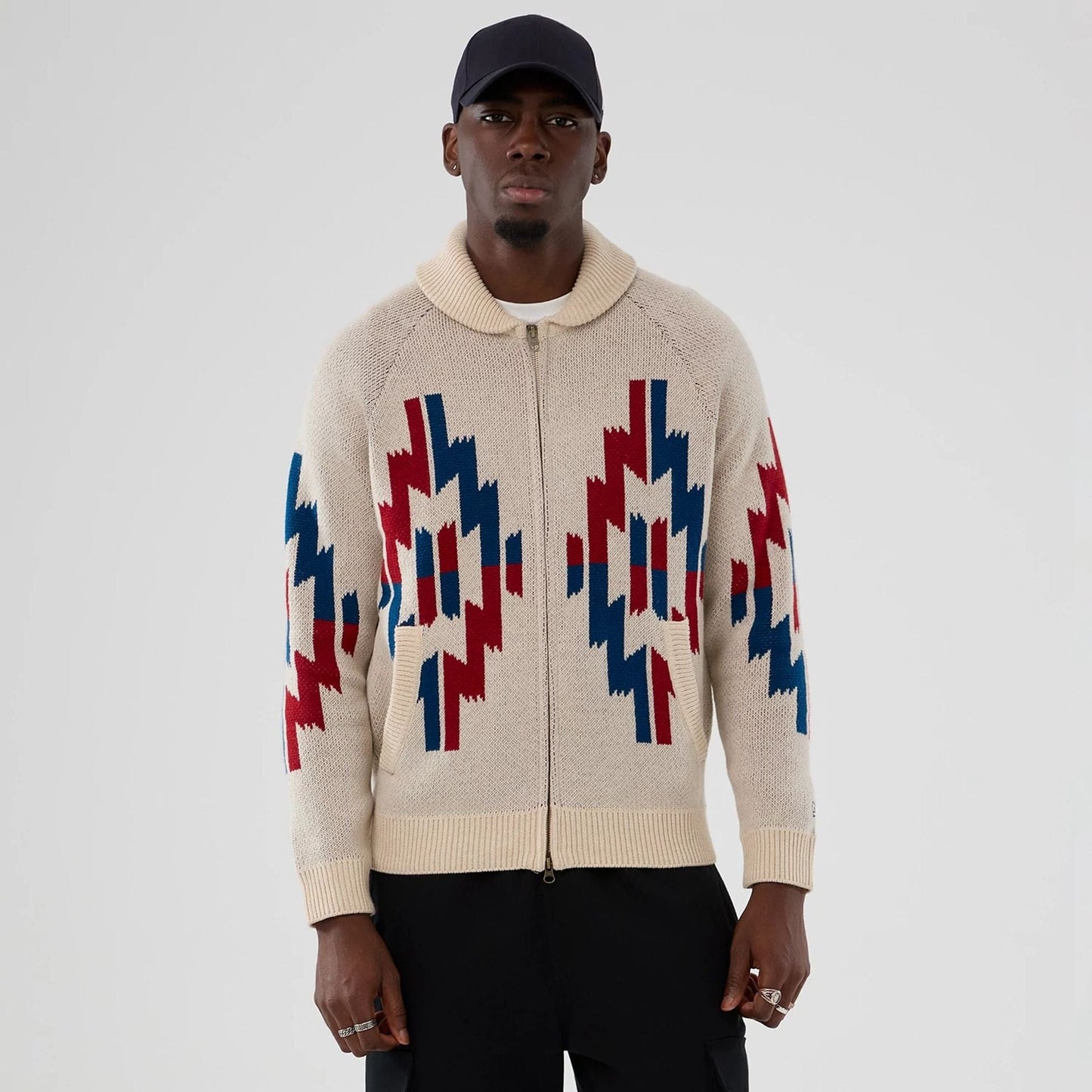 The Male model is wearing New Era Organic Cowichan Natural Cardigan 7