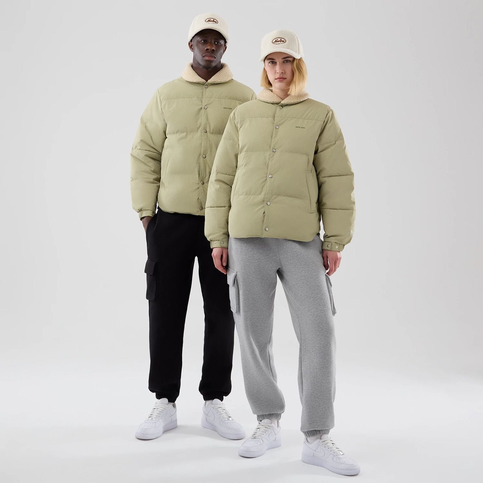 The Male model is wearing New Era Organic Boa Neck Khaki Jacket 1