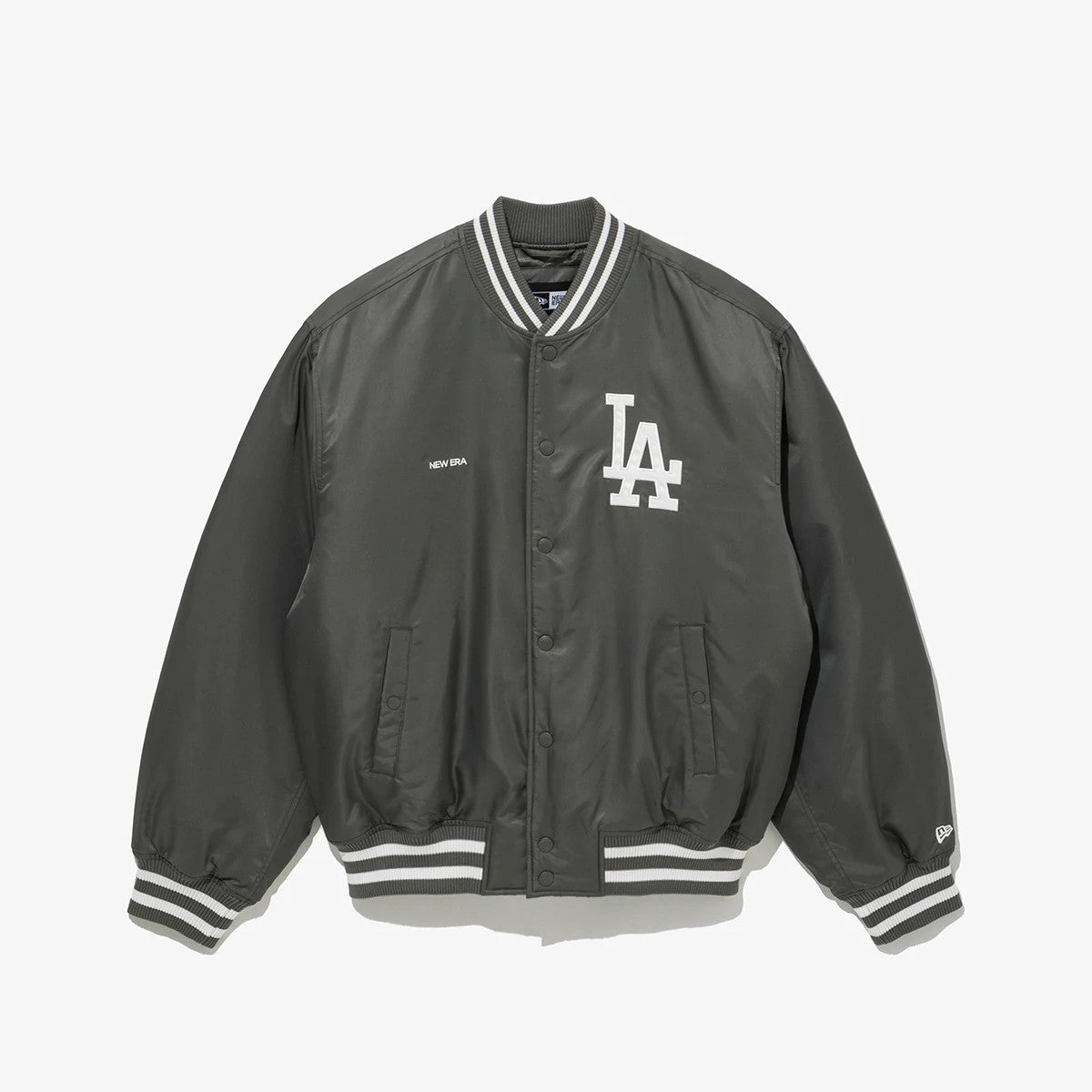 The Male model is wearing LA Dodgers MLB Grey Stadium Jacket 1
