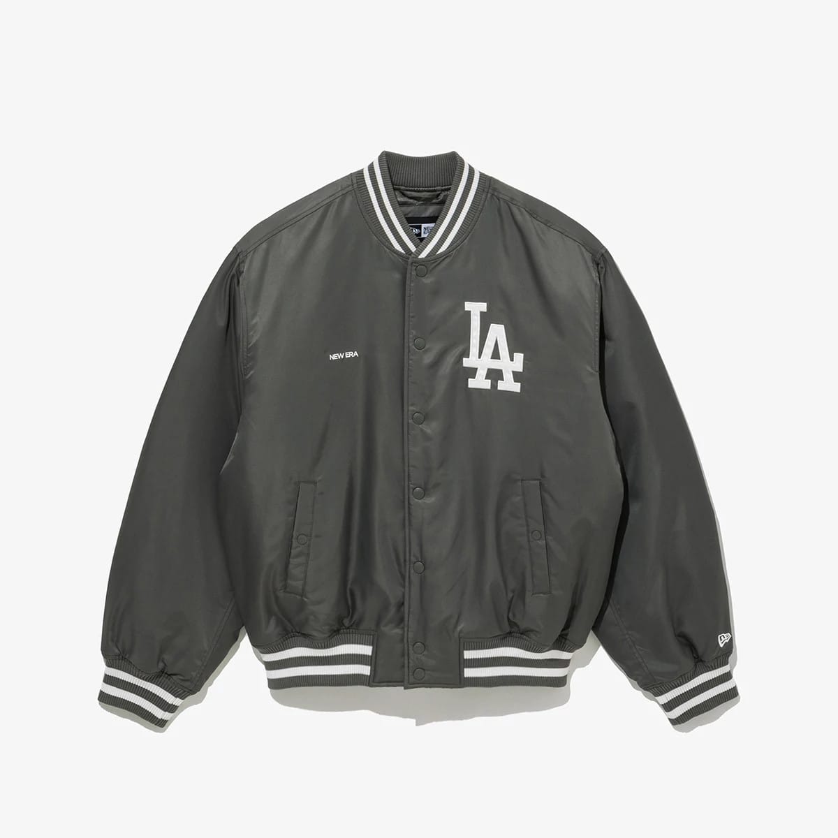 The Male model is wearing LA Dodgers MLB Grey Stadium Jacket 1