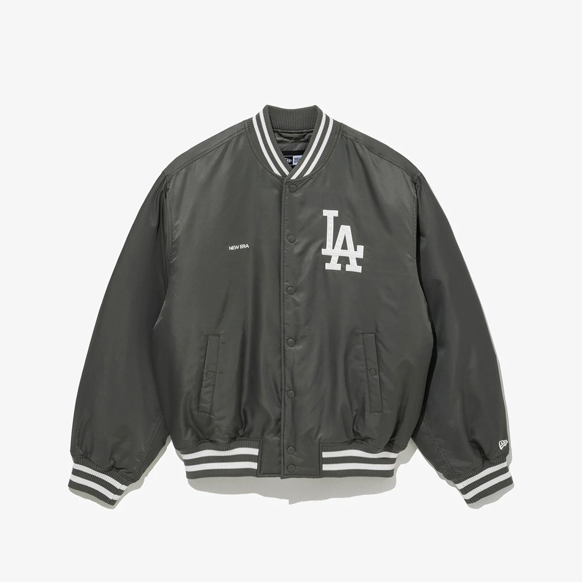 The Male model is wearing LA Dodgers MLB Grey Stadium Jacket 1