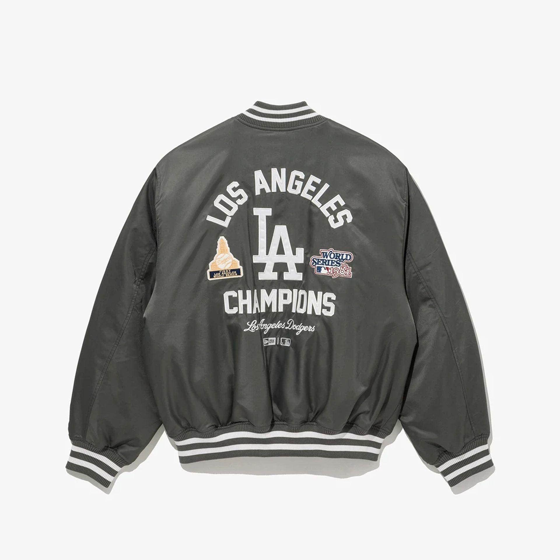 The Male model is wearing LA Dodgers MLB Grey Stadium Jacket 2