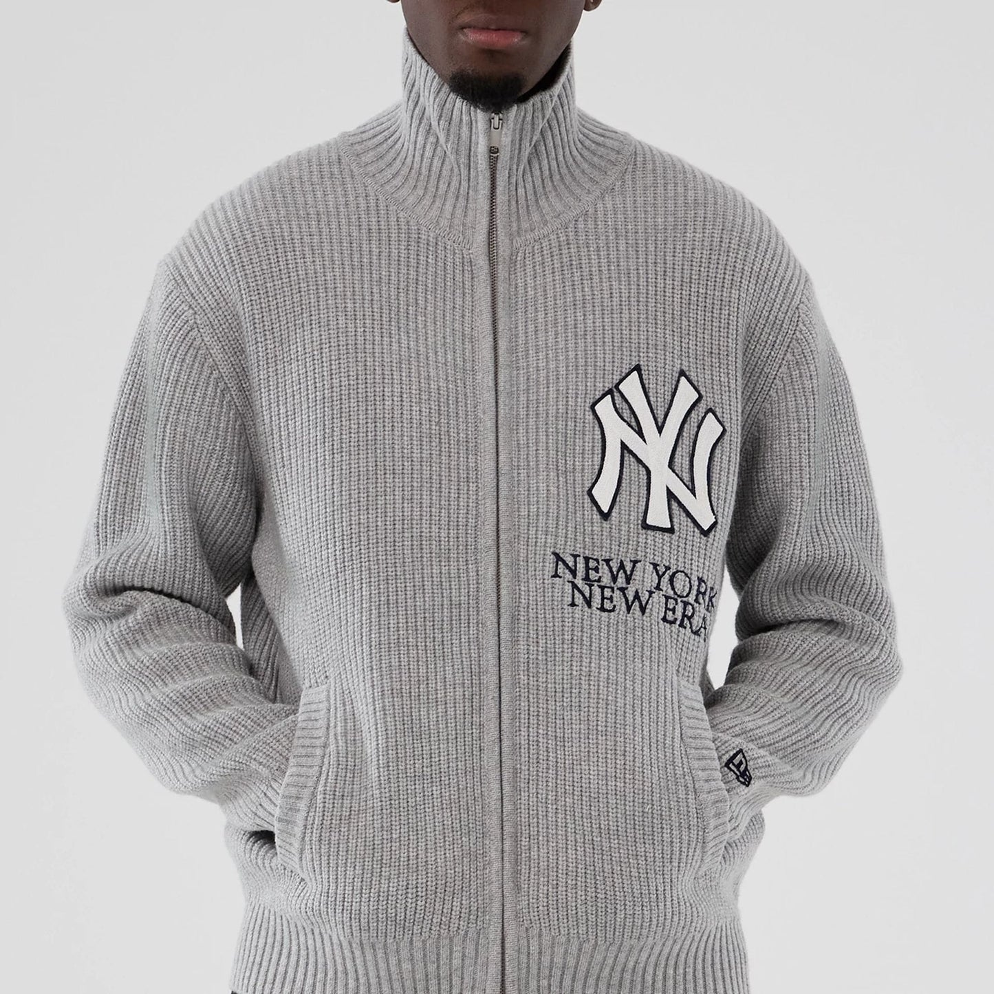 The Male model is wearing New York Yankees MLB Grey Cardigan 7