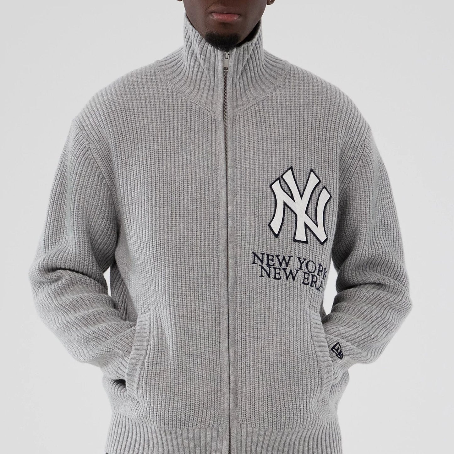 The Male model is wearing New York Yankees MLB Grey Cardigan 7