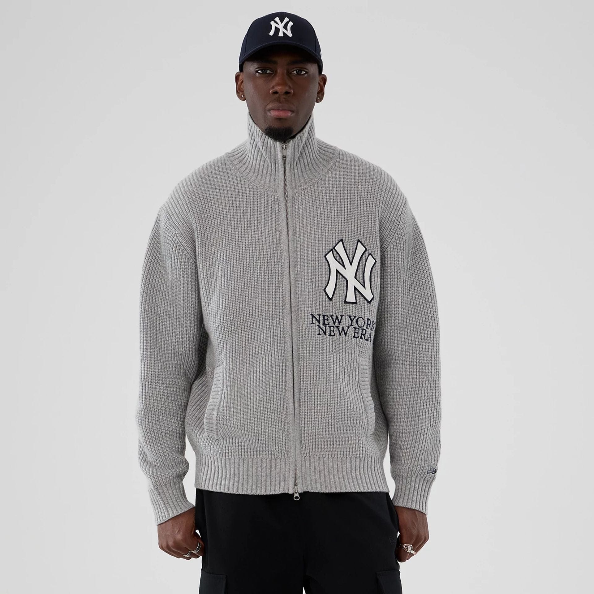 The Male model is wearing New York Yankees MLB Grey Cardigan 1