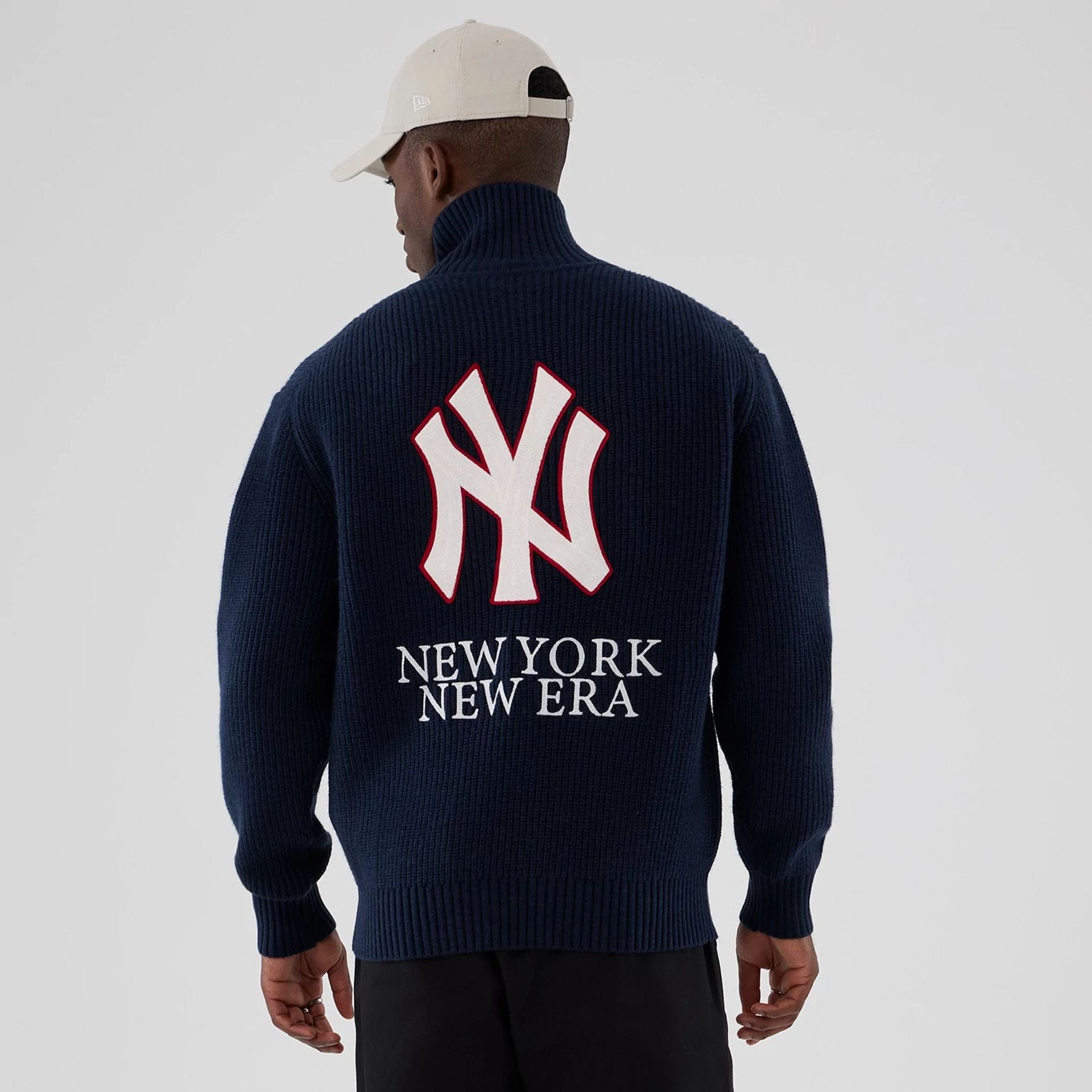 The Male model is wearing New York Yankees MLB Navy Cardigan 2