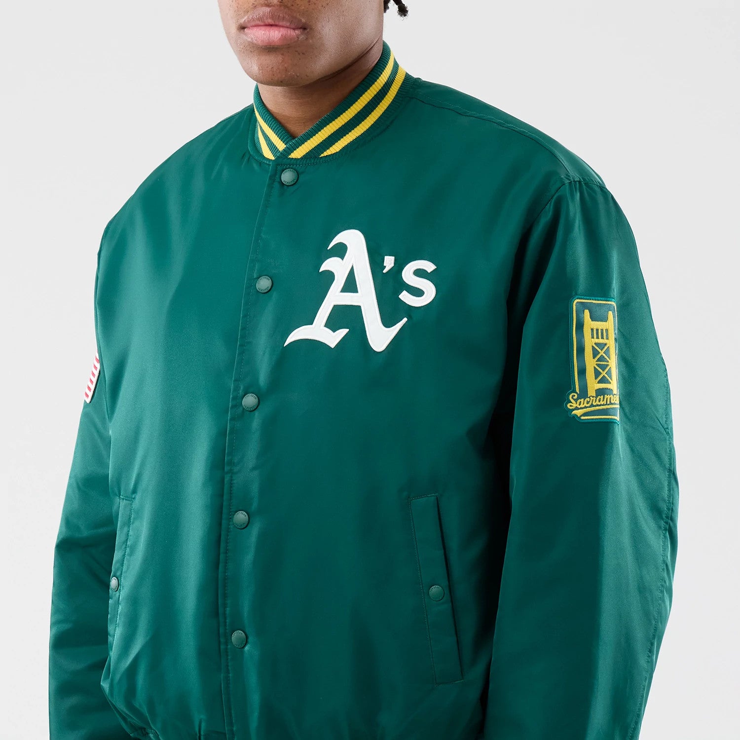 The Male model is wearing Oakland Athletics MLB Authentic Green Stadium Jacket 3
