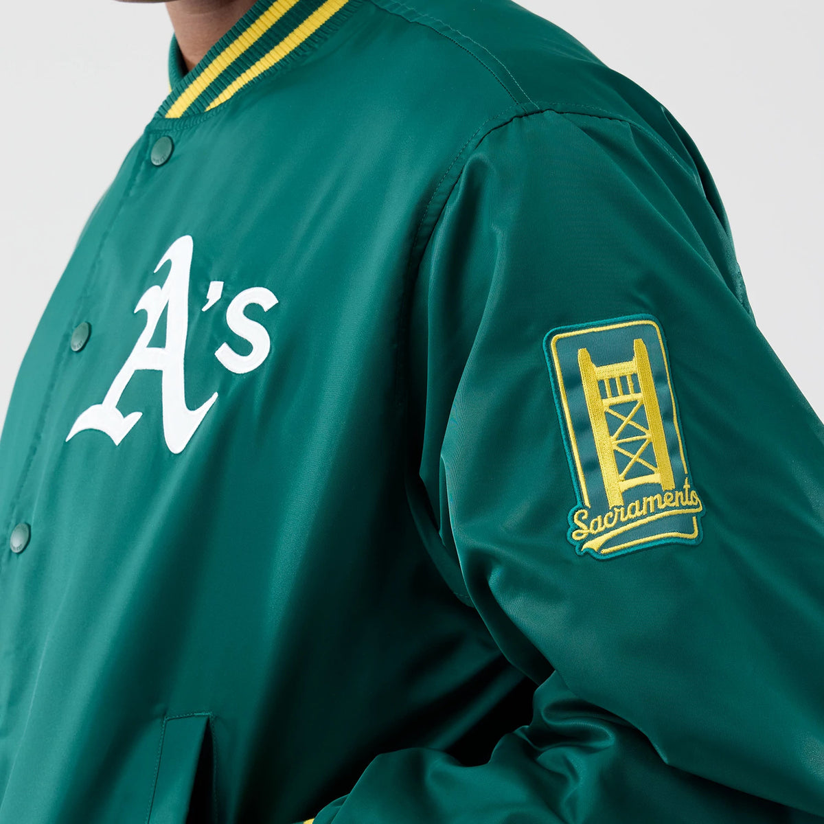The Male model is wearing Athletics MLB Authentic Green Stadium Jacket 4