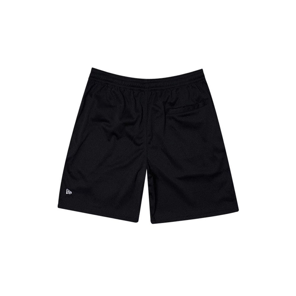 Chicago Bulls NBA Mesh Black Oversized Shorts, rear view showing the black mesh fabric with an elastic waistband, a single pocket on the right side, and a small raised New Era logo near the left hem.