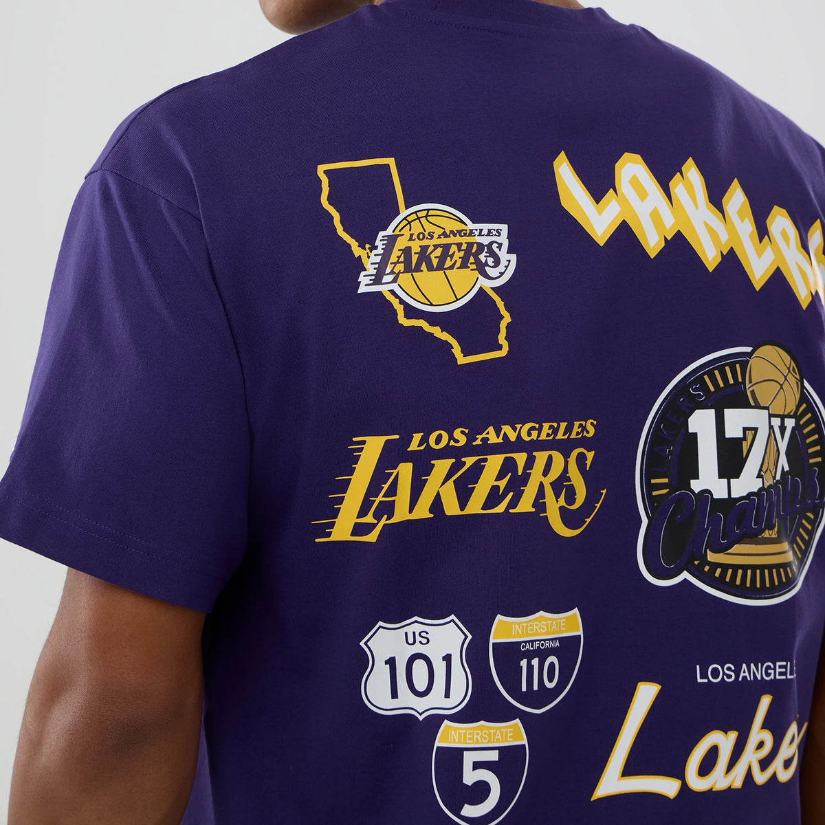 LA Lakers NBA logo Purple T-Shirt, rear view showing various yellow and white graphics including the Lakers logo inside a state outline, bold Lakers text and championship motifs on the purple fabric.