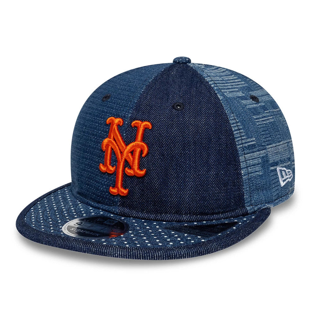 New York Mets MLB Multi Denim Dark Blue Retro Crown New Era 9FIFTY Adjustable Cap, front view with an orange embroidered NY logo on a blue denim crown, patterned visor and a New Era flag logo on the left side.