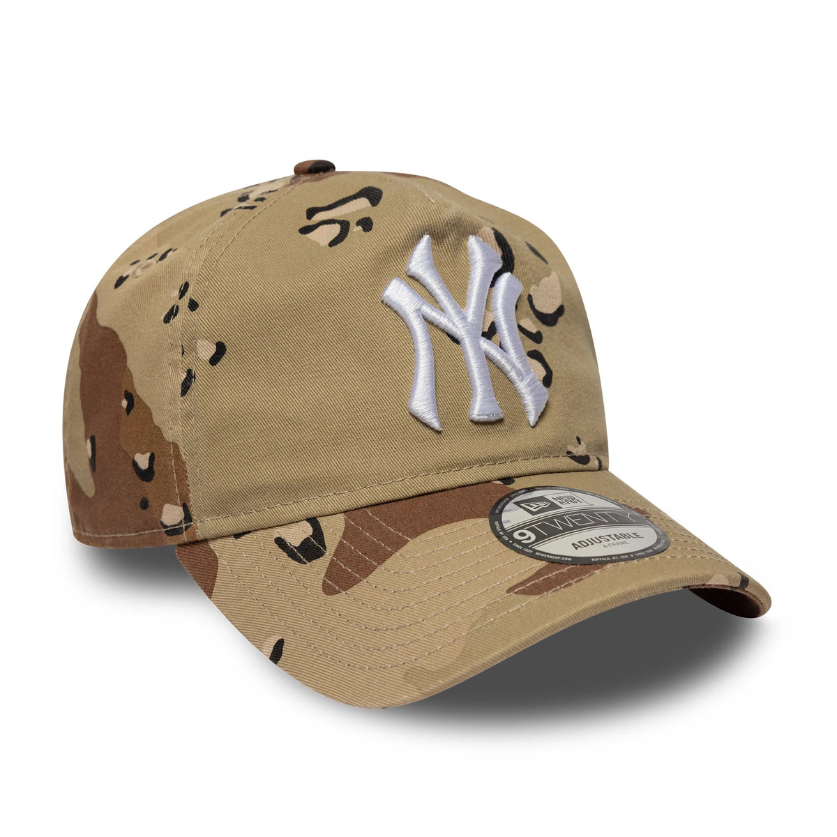 New York Yankees MLB Camo Reserve Desert Camo New Era 9TWENTY A-Frame Adjustable Cap, three-quarter view with a raised white embroidered NY logo on the front panel and a 9TWENTY size sticker on the camo visor.