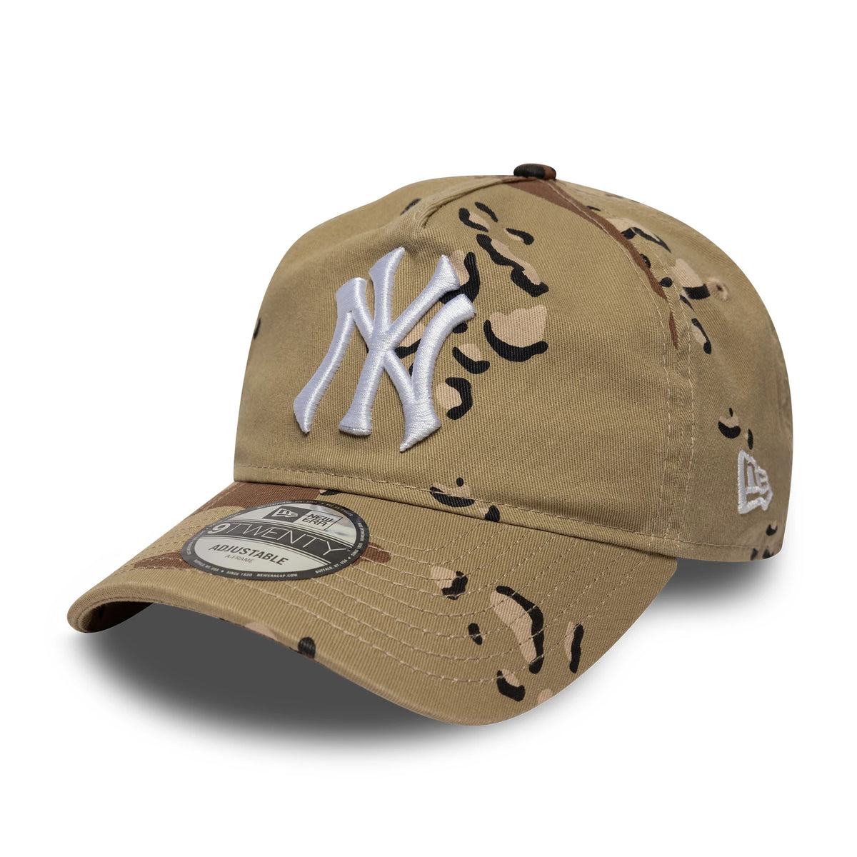 New York Yankees MLB Camo Reserve Desert Camo New Era 9TWENTY A-Frame Adjustable Cap, front view with raised white NY logo on the front panel, curved desert camo visor and 9TWENTY size sticker, and New Era flag logo on the left side.