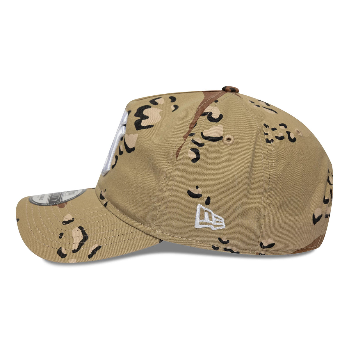 New York Yankees MLB Camo Reserve Desert Camo New Era 9TWENTY A-Frame Adjustable Cap, side view showing the white New Era flag logo embroidered on the left side and the structured crown with desert camo pattern.