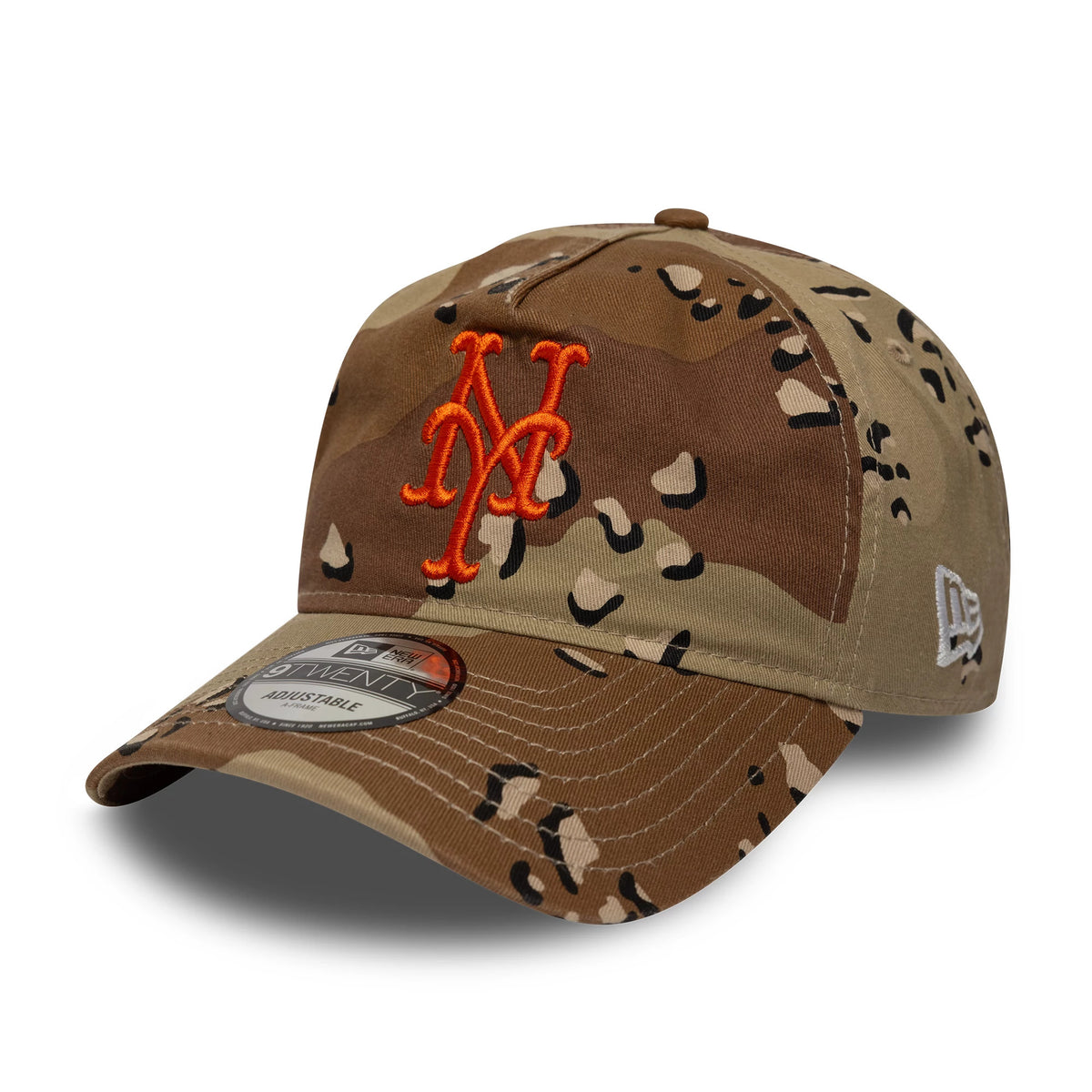 New York Mets MLB Camo Reserve Desert Camo New Era 9TWENTY A-Frame Adjustable Cap, three-quarter view with orange Mets logo embroidered on the front, camouflage print, white New Era flag logo on the left side and 9TWENTY size sticker on the visor.