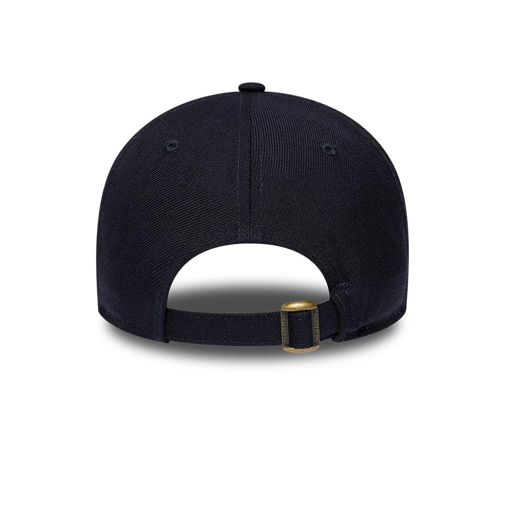 New York Yankees MLB Wool Navy New Era 9TWENTY Adjustable Cap, rear view showing a closed curved visor, navy crown, and the adjustable strap with a brass buckle and New Era wordmark.
