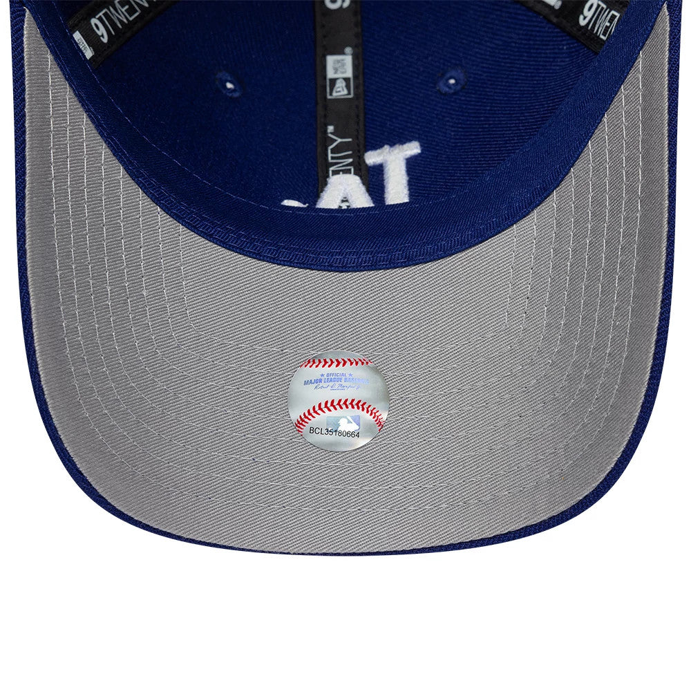 LA Dodgers MLB Wool Blue New Era 9TWENTY Adjustable Cap, inside view showing grey undervisor with a baseball graphic detail, black and white interior taping with 9TWENTY logo, and blue sweatband for comfort.