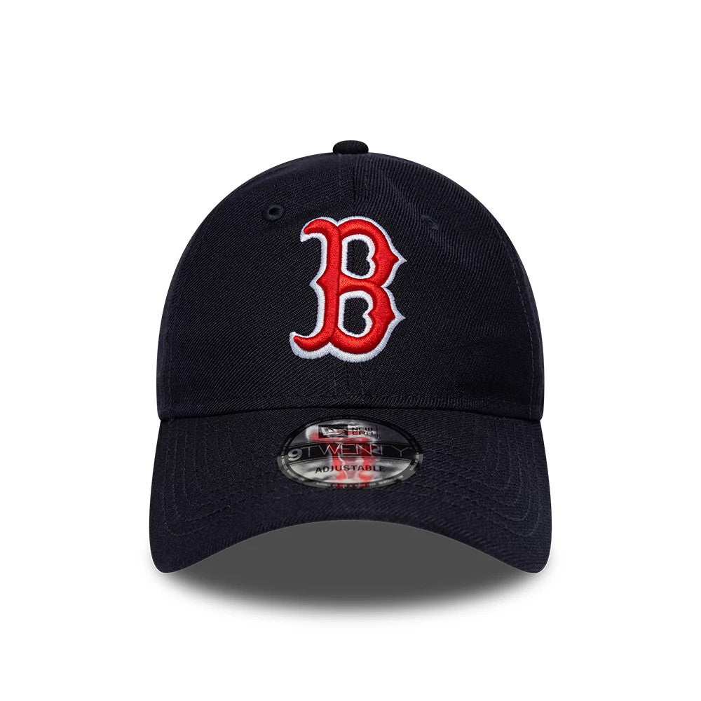 Boston Red Sox MLB Wool Navy New Era 9TWENTY Adjustable Cap, front view showing the raised red embroidered B logo on the front panel and the 9TWENTY size sticker on the curved visor.