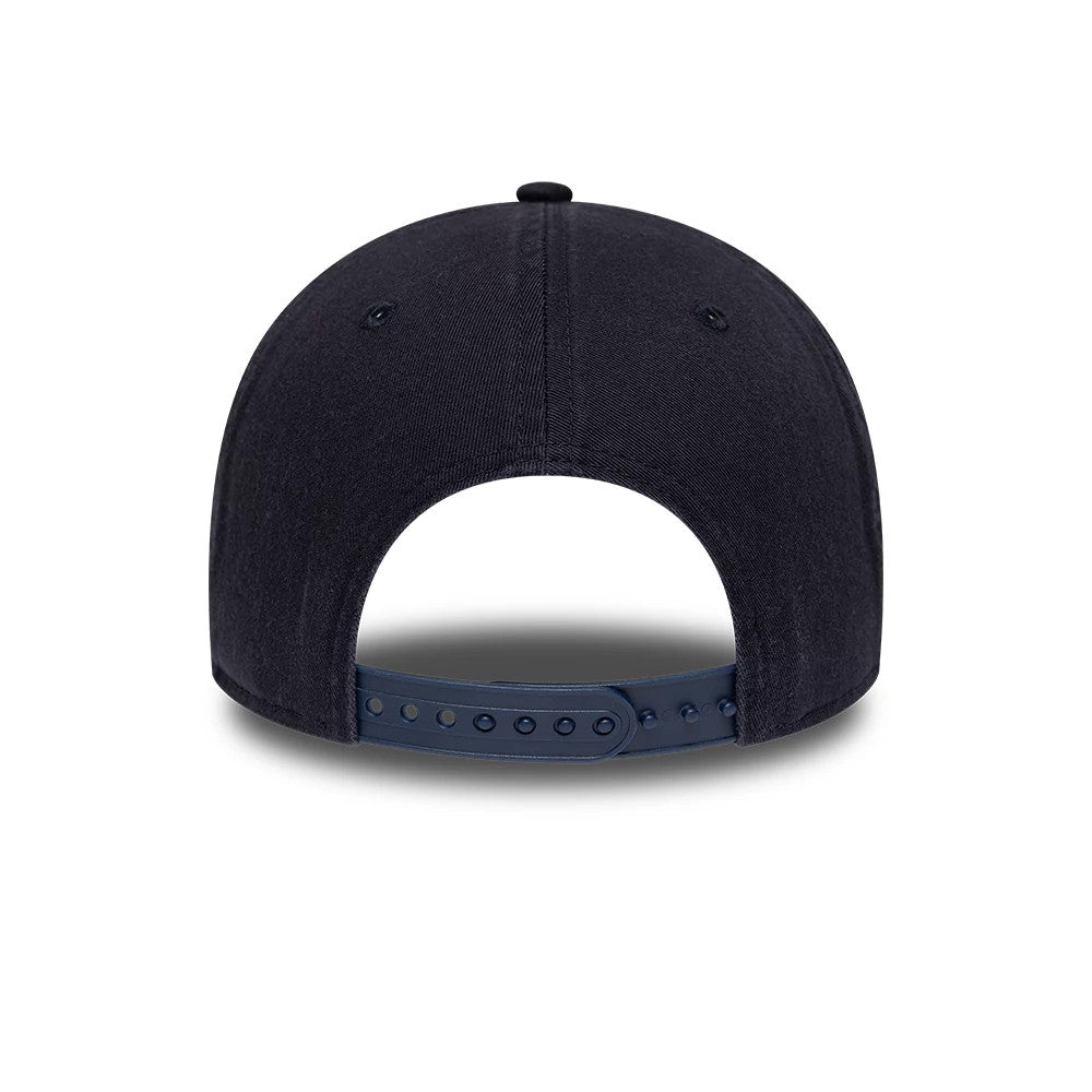 New York Yankees MLB Navy New Era 9TWENTY A-Frame Adjustable Cap, rear view showing the navy curved back panels, tonal eyelets, top button, and an adjustable strap with a snap fastening.