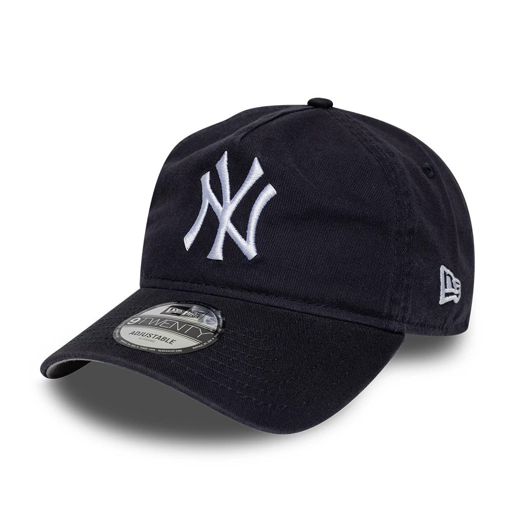 New York Yankees MLB Navy New Era 9TWENTY A-Frame Adjustable Cap, three-quarter view showing the raised white embroidered NY logo on the front panel, black 9TWENTY size sticker on the navy curved visor, and New Era flag logo on the left side.