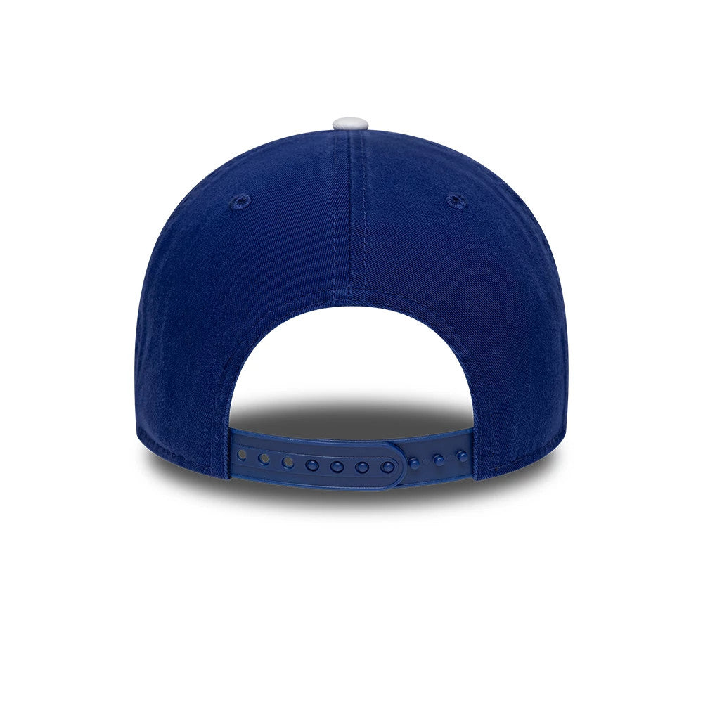 LA Dodgers MLB Blue New Era 9TWENTY A-Frame Adjustable Cap, rear view showing a blue adjustable strap with multiple holes, and a structured blue crown with matching blue eyelets and a white top button.
