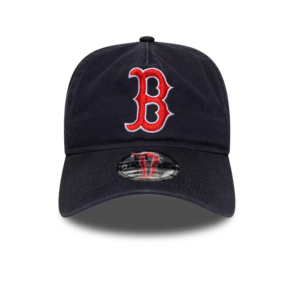 Boston Red Sox MLB Navy New Era 9TWENTY A-Frame Adjustable Cap, front view showing the raised red embroidered B logo on the front panel and a 9TWENTY size sticker on the curved visor.