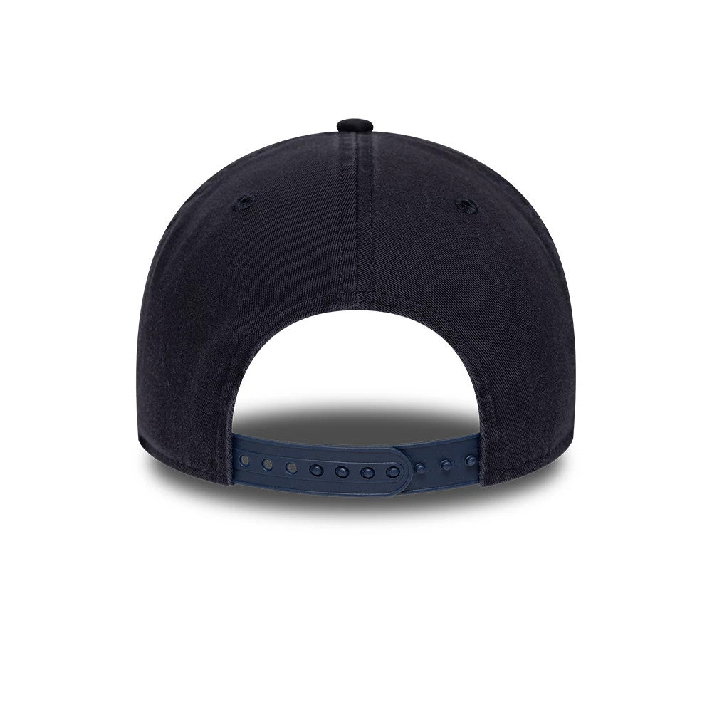 Boston Red Sox MLB Navy New Era 9TWENTY A-Frame Adjustable Cap, rear view showing the navy strap with adjustable clasp and eyelets, rounded shape of the back panels, and the top button centred on the structured crown.