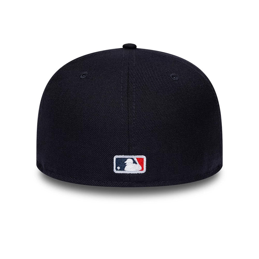 New York Yankees MLB Soft Buckram Navy New Era 59FIFTY Fitted Cap, rear view showing the embroidered white and red MLB Batterman logo centred on the back panels of the structured navy crown.