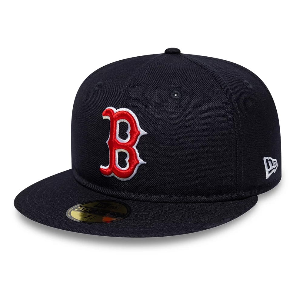 Boston Red Sox MLB Soft Buckram Navy New Era 59FIFTY Fitted Cap, front view showing the large raised red B logo with white edging on the front panel, navy flat visor and gold 59FIFTY size sticker, with New Era flag logo on the left side.