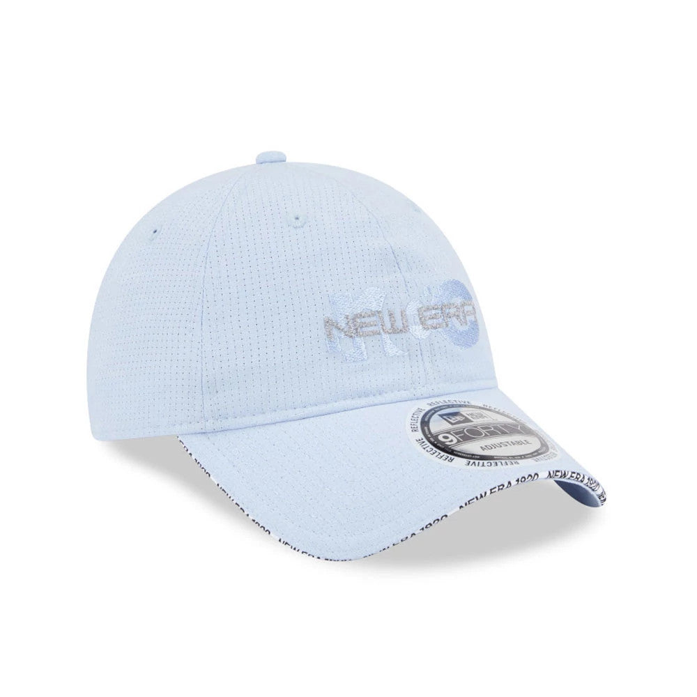 New Era NEC Logo Blue New Era 9FORTY Unstructured Adjustable Cap, three-quarter view showing a raised embroidered NEC logo on the front panel, a 9FORTY size sticker on the visor, and black and white branding on the edge of the visor.