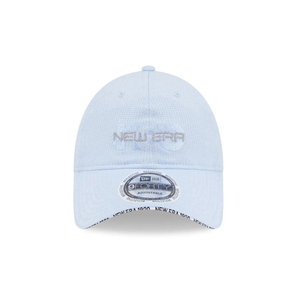 New Era NEC Logo Blue New Era 9FORTY Unstructured Adjustable Cap, front view showing raised white New Era NEC lettering on the front panel, with a curved visor and 9FORTY size sticker at the centre.
