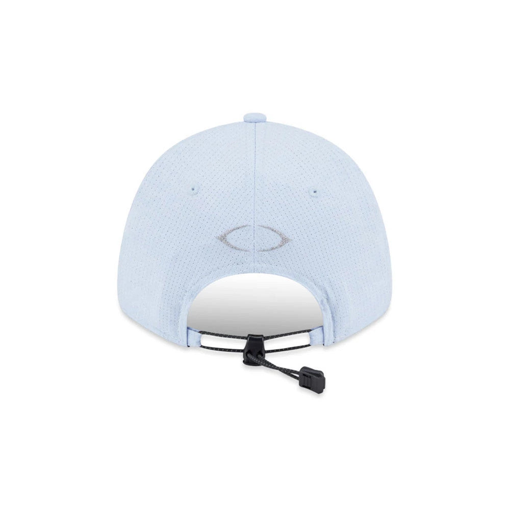 New Era NEC Logo Blue New Era 9FORTY Unstructured Adjustable Cap, rear view showing the embroidered oval NEC logo on the back panels, with an adjustable strap and a plastic toggle for a custom fit.