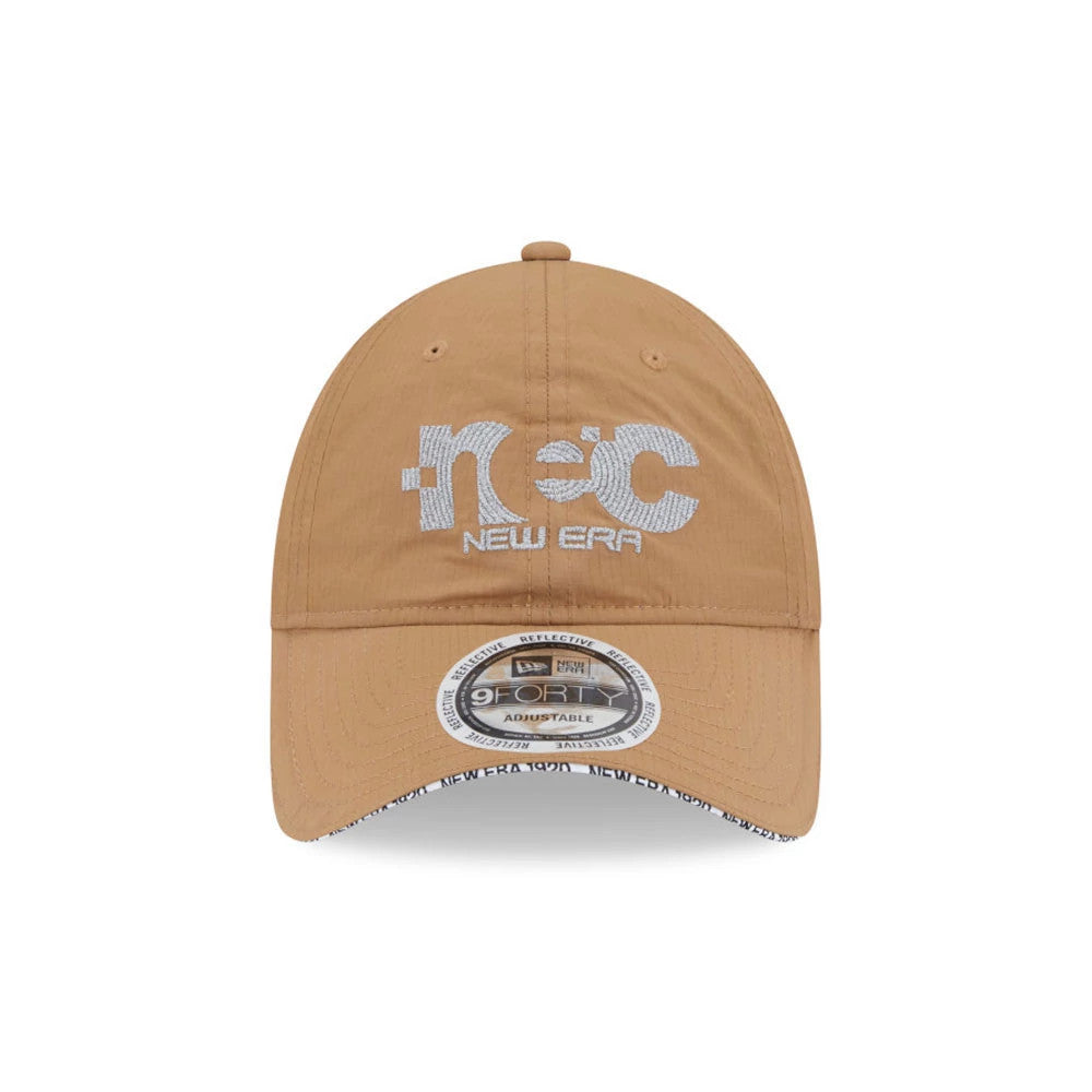 New Era NEC Logo Beige New Era 9FORTY Unstructured Adjustable Cap, front view showing a white embroidered NEC logo and New Era text on the crown with a 9FORTY size sticker on the visor and printed text lining the edge of the visor underside.