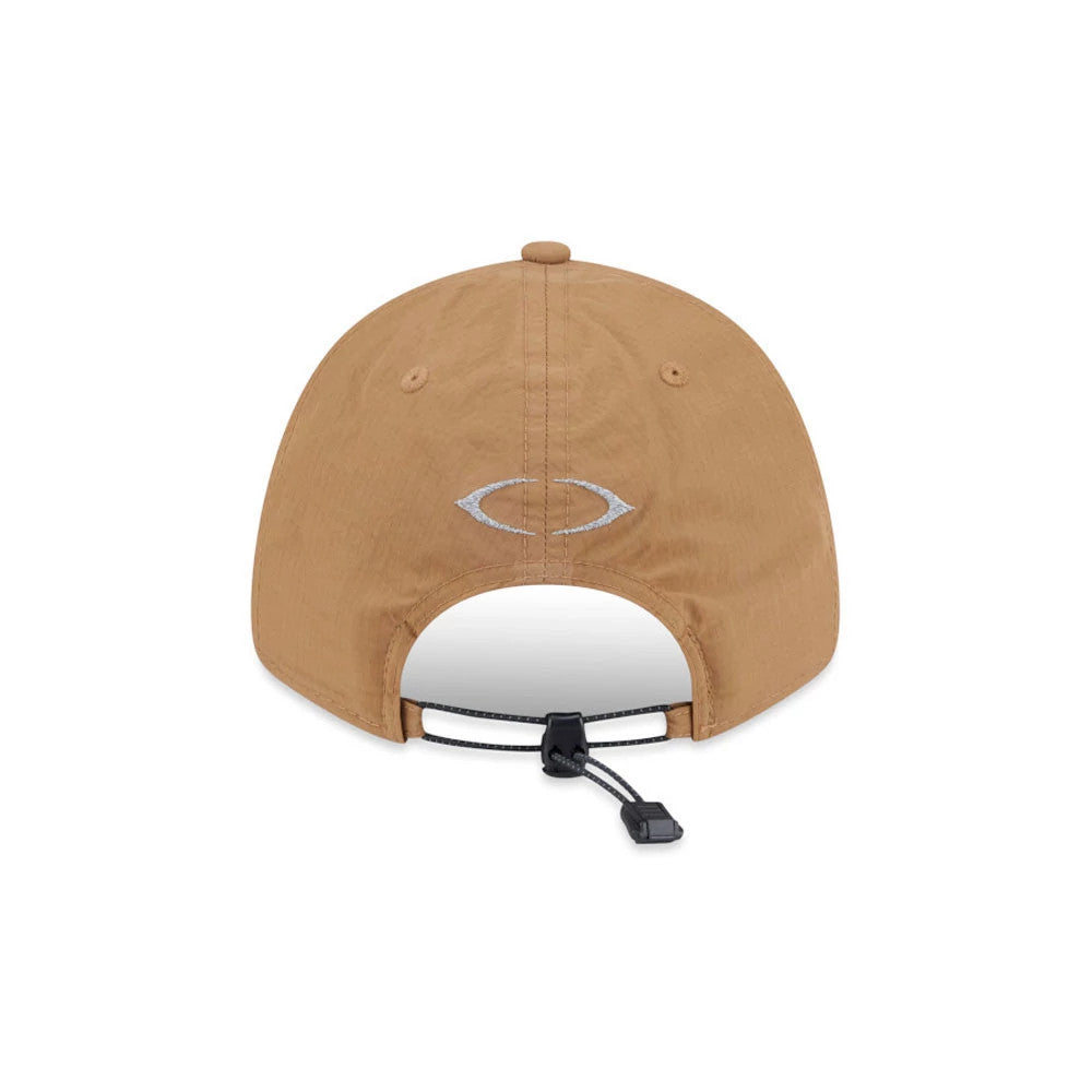 New Era NEC Logo Beige New Era 9FORTY Unstructured Adjustable Cap, rear view showing the silver embroidered NEC logo centred on the back panels, with an adjustable toggle strap at the open back and a matching beige top button.