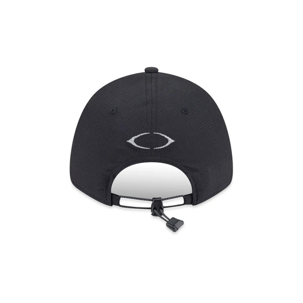 New Era NEC Logo Black 9FORTY Unstructured Adjustable Cap, rear view showing the white embroidered NEC logo centred above the opening, with an adjustable strap fastening below on the black crown.