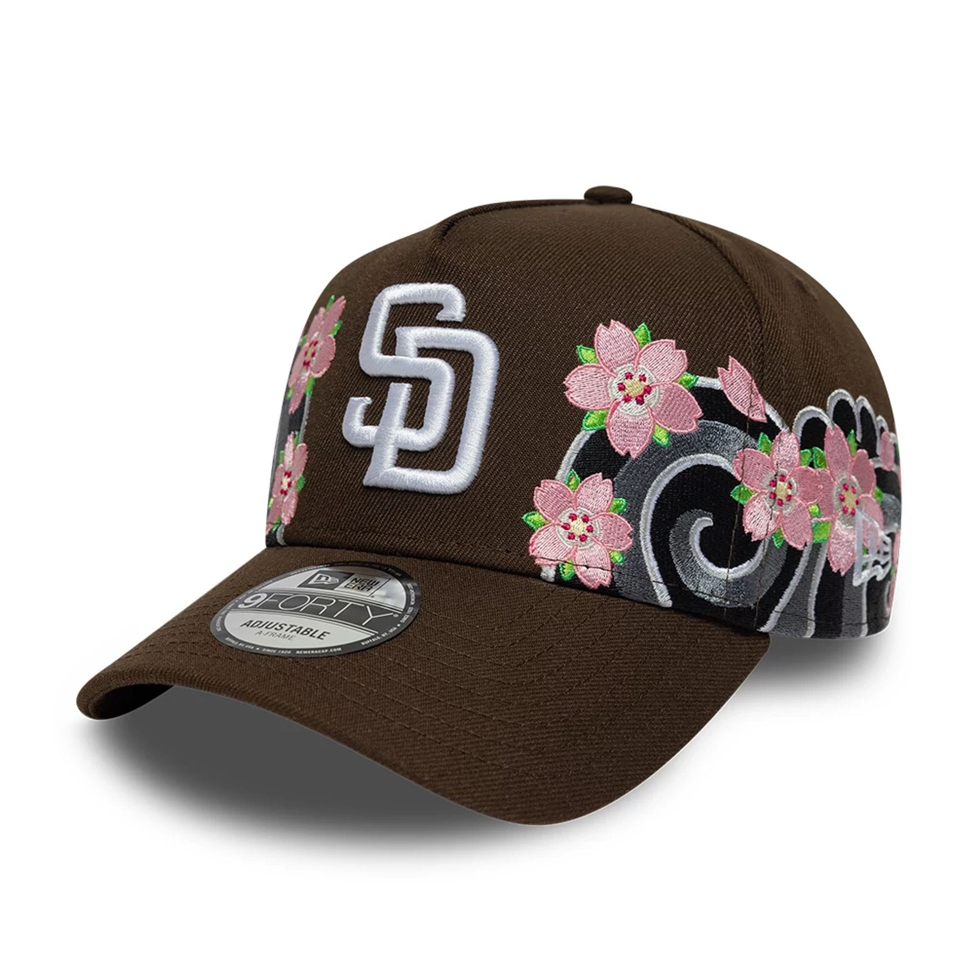 Pictured is this MLB Sakura San Diego Padres 9FORTY A-Frame cap in dark brown. 1